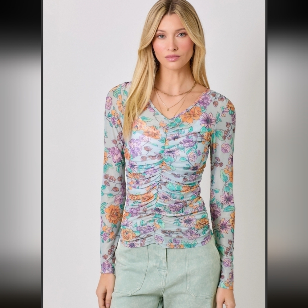 Mystree Floral Sheer Long Sleeve Top - Purple, Orange, Blue
